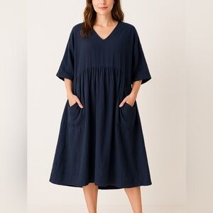 Lisa Bayne Linen Blend Lagenlook Shift Dress in Navy Blue